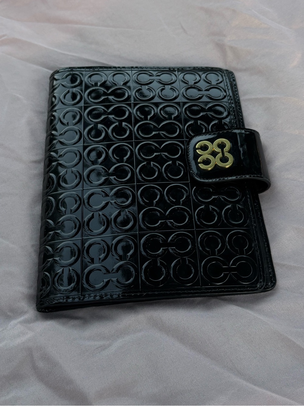 Coach Black Patent Embossed Signature Notebook Journal with Gold Logo Snap